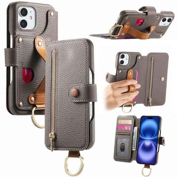 グレー iphone12/12proケース 手帳型 スマホケース 小物入れ 超繊皮 RFID磁気防止 スキミング防止 カードポケット 財布型 携帯カバー