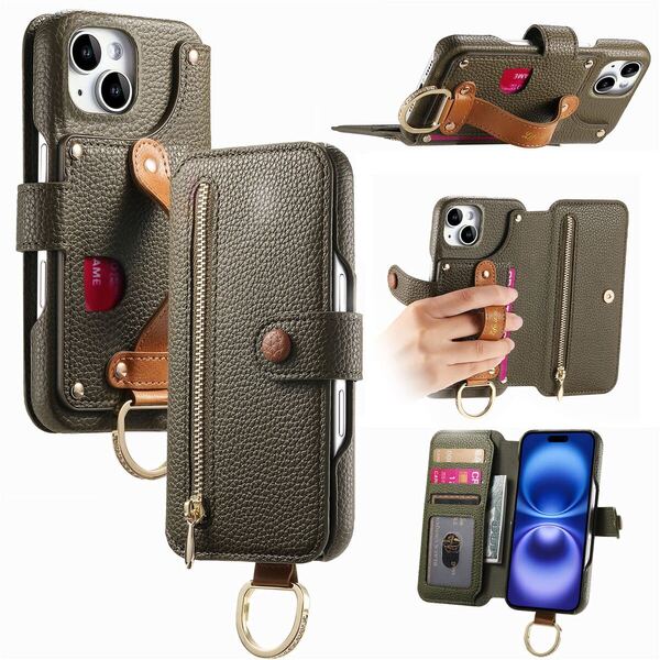 グリーン iphone13/14用ケース 手帳型 スマホケース 小物入れ 超繊皮 RFID磁気防止 スキミング防止 カードポケット 財布型 携帯カバー
