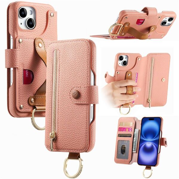 ピンク iphone15用ケース 手帳型 スマホケース 小物入れ 超繊皮 RFID磁気防止 スキミング防止 カードポケット 財布型 携帯カバー