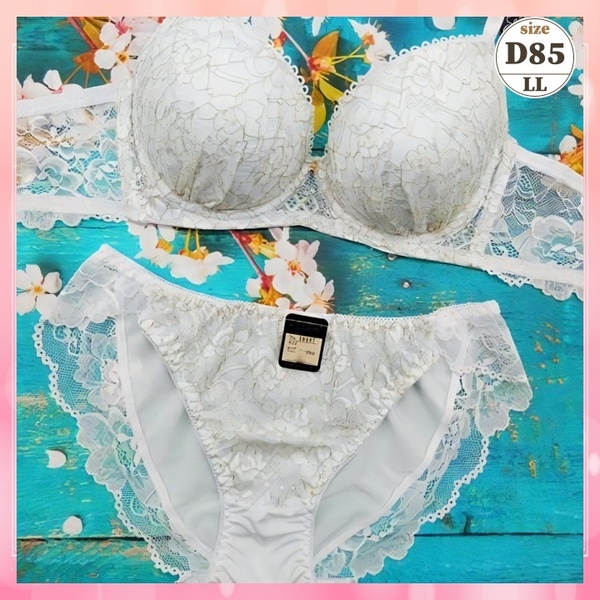 d8515【D85/LL】ブラショーツセット 下着 ランジェリー 脇高 谷間メイク 美胸 金ラメ刺繍 白