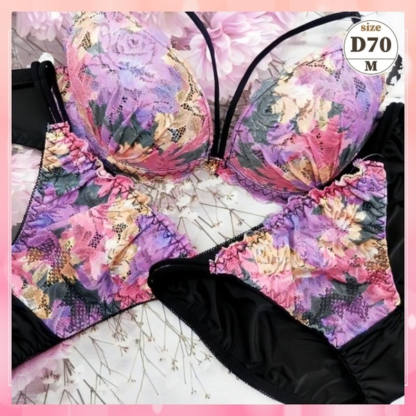 d7031【D70/M】ブラショーツセット 下着 ランジェリー フル&Tバック 脇高 Wパッド 紫系