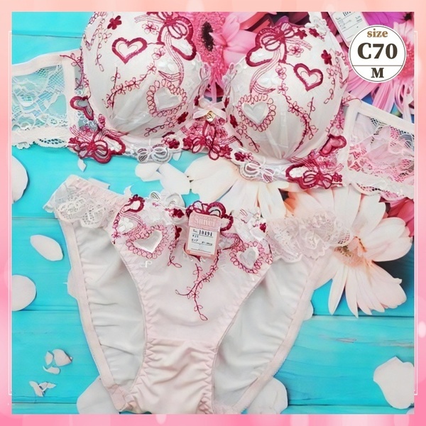 c7014【C70/M】ブラショーツセット 下着 ランジェリー 脇高 美谷間 美胸 ハート刺繍 ピンク