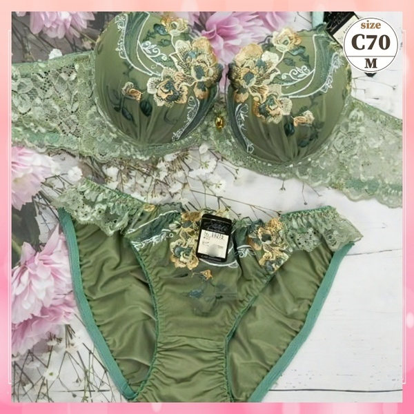 c7030【C70/M】ブラショーツセット 下着 ランジェリー 脇高 美谷間 美胸 黄色ローズ刺繍 緑