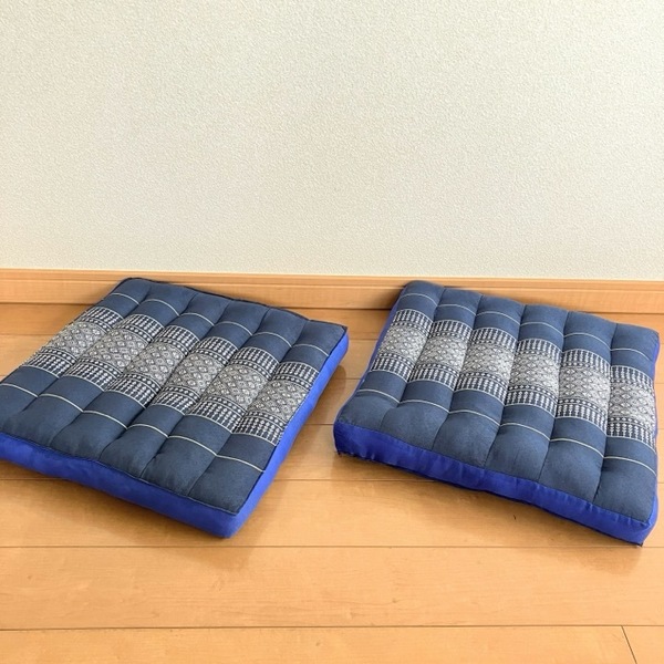◆◇【ハンドメイド】アジアン柄 クッション座布団2枚セット ダスティブルー ◇◆