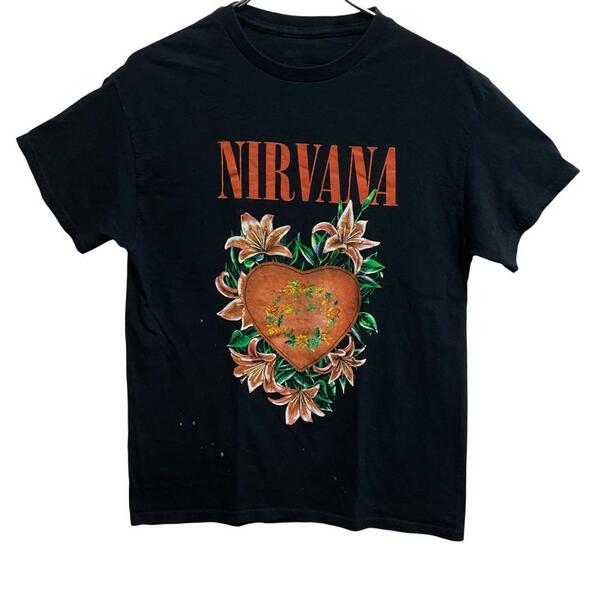 ニルヴァーナ ハート花柄Tシャツ 黒 M カートコバーン バンドT【4880】
