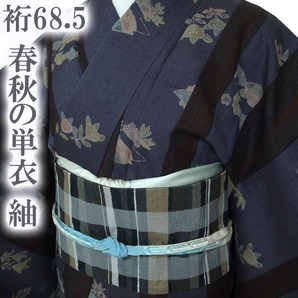 紬 春秋の単衣 春秋 単衣 着物 手織り 手染め 濃灰紫 こげ茶 縞 草花 上質 正絹 絹 カジュアル なごみ 裄68.5 L 中古 仕立て上がり sn1585