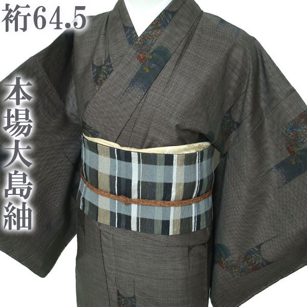本場大島紬 着物 袷 泥染 7マルキ カタス式 こげ茶 カジュアル 正絹 絹 春秋冬 最高級 美品 なごみ 裄64.5 M 新古品 仕立て上がり sn1605