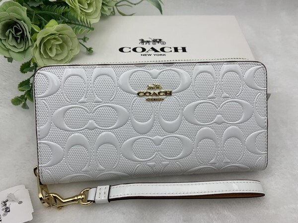 コーチ 財布 COACH 長財布 デボスド シグネチャー パテント レザー アコーディオン ストラップ付き 男女兼用 新品 未使用 CT921 C358