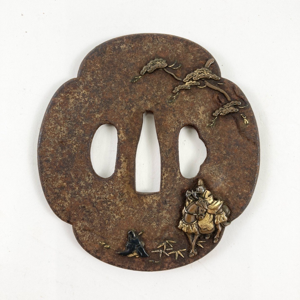 鉄地二段木瓜形鐔 無銘 金象嵌 土手耳 両櫃孔片方埋 厚さ7mm 鉄鍔 古鍔 鉄地二段木瓜形鐔 無銘 金象嵌 土手耳 両櫃孔片方埋 厚さ7mm 鉄