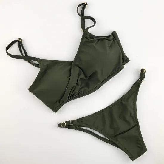 【新品】シンプル ビキニ セパレート 水着 紐パン 無地 カーキ LL