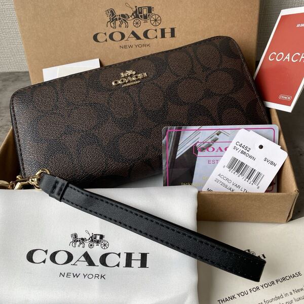 極美品 COACH コーチ メンズ レディース 長財布 アコーディオン ラウンドファスナー シグネチャーキャンバス ブラウン C4452 ブラウン