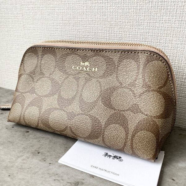 極美品 COACH コーチ レディース ポーチ F53385 カーキ×サドル2 PVCキャンバスレザー 化粧ポーチ ミニバッグ 旅行 インバッグ 小物入れ