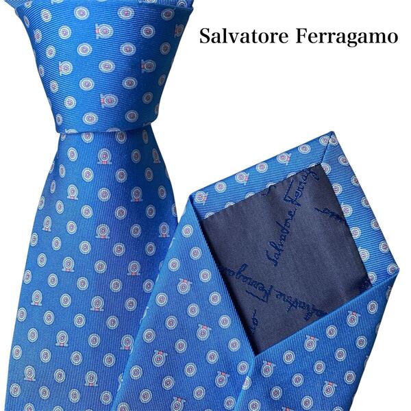 極美品 Salvatore Ferragamo ネクタイ サルヴァトーレフェラガモ ガンチーニ ダーツ 総柄 ブルー シルク イタリア製 パーティー 結婚式