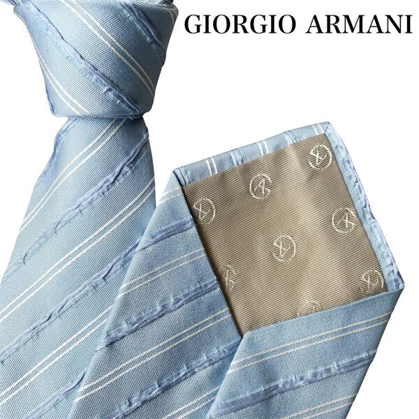 極美品 GIORGIO ARMANI ジョルジオアルマーニ ネクタイ スカイブルー レジメンタル ストライプ イタリア製 シルク フォーマル ビジネス