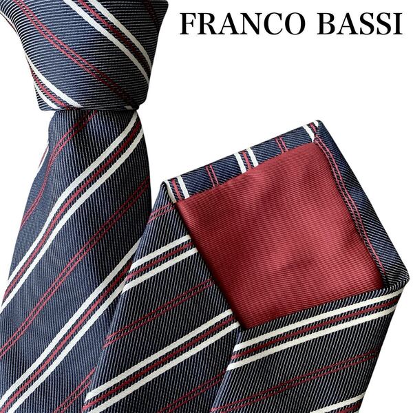 極美品 FRANCO BASSI フランコバッシ ネクタイ イタリア製 シルク素材 レジメンタル ストライプ フォーマル ビジネス パーティー 結婚式