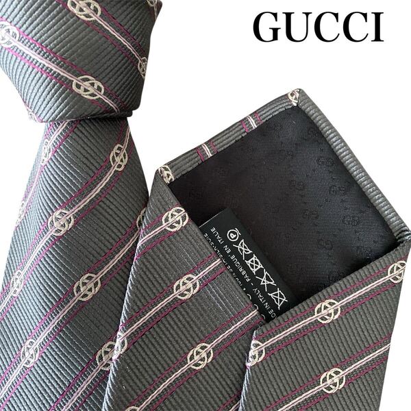 極美品 GUCCI グッチ ネクタイ トムフォード期 デザイン GGインターロッキング レジメンタル グレーストライプ イタリア製 シルクキュプラ