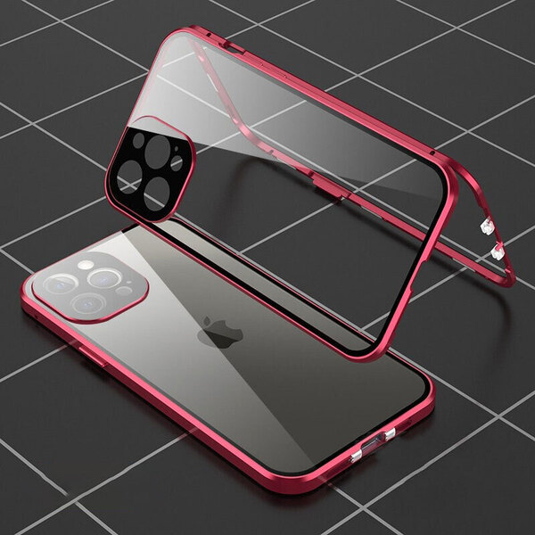 iPhone 15 Pro用 ケース レッド 赤色 強化ガラス ロック付き マグネット式 アルミ合金フレーム
