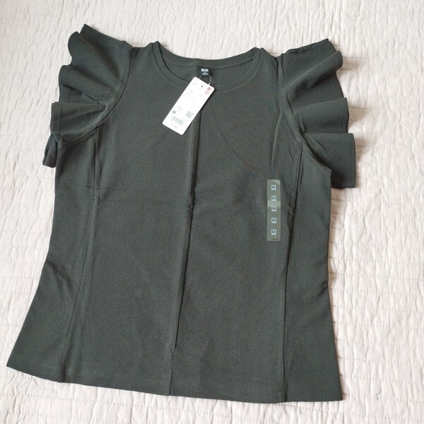 未使用 ユニクロ UNIQLO ラッフルスリーブT M レディース 黒 ブラック 春 夏 カットソー Tシャツ 綺麗め 匿名 送料無料