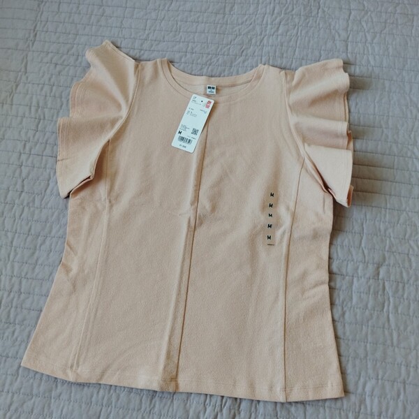 1点のみ 未使用 ユニクロ UNIQLO ラッフルスリーブT M レディース pink ピンク 春 夏 カットソー Tシャツ 綺麗め 匿名 送料無料
