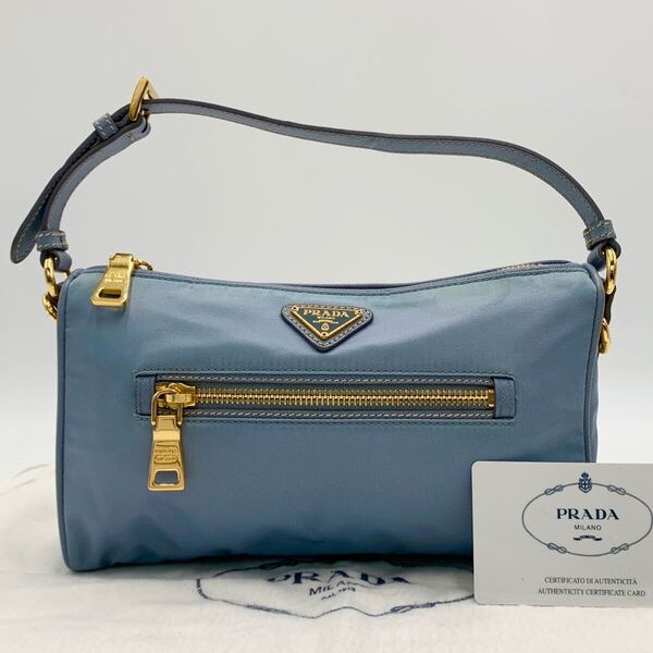①希少カラー プラダ PRADA アクセサリーポーチ ハンドバッグ BN1834 ライトブルー 水色 ナイロン サフィアーノレザー