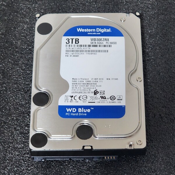 【送料無料】WesternDigtal WD Blue WD30EZRX-19D8PB0 3TB 3.5インチ内蔵HDD 2019年製 フォーマット済み 正常品 PCパーツ 動作確認済 (1)