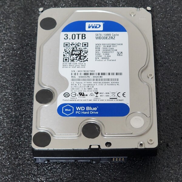 【送料無料】WesternDigtal WD Blue WD30EZRX-00GXCB0 3TB 3.5インチ内蔵HDD 2017年製 フォーマット済み 正常品 PCパーツ 動作確認済