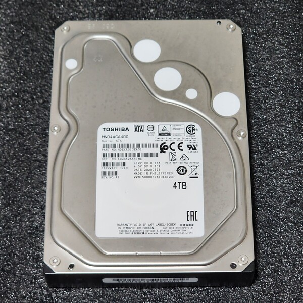 【送料無料】TOSHIBA MN04ACA400 4000GB/4TB 3.5インチ内蔵HDD 2020年製 フォーマット済み 正常品 PCパーツ 動作確認済