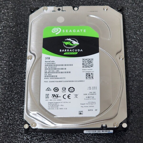 【送料無料】SEAGATE BARRACUDA ST3000DM007-1YW10G 3TB 3.5インチ内蔵HDD 2018年製 フォーマット済み 正常品 PCパーツ 動作確認済