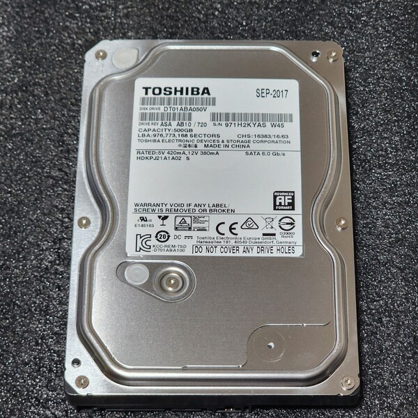 【送料無料】TOSHIBA DT01ABA050V 500GB 3.5インチ内蔵HDD 2017年製 フォーマット済み 正常品 PCパーツ 動作確認済
