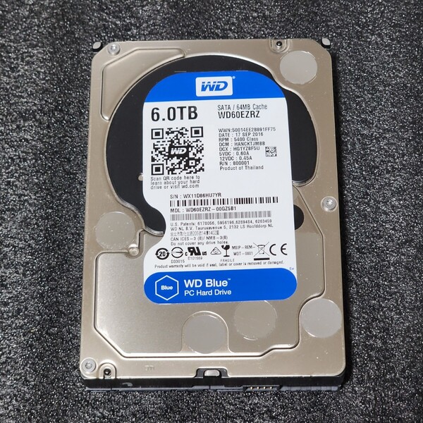 【送料無料】WesternDigtal WD Blue WD60EZRZ-00GZ5B1 6TB 3.5インチ内蔵HDD ジャンク品 PCパーツ