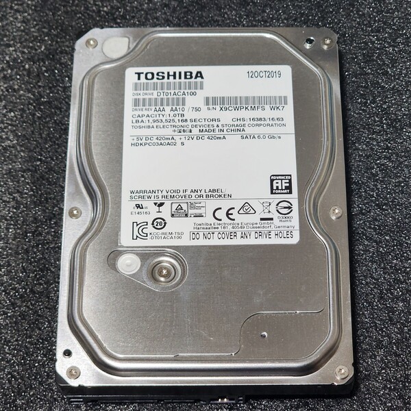 【送料無料】TOSHIBA DT01ACA100 1000GB/1TB 3.5インチ内蔵HDD 2019年製 フォーマット済み 正常品 PCパーツ 動作確認済
