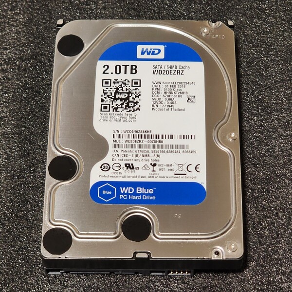 【送料無料】WesternDigtal WD Blue WD20EZRZ-00Z5HB0 2TB 3.5インチ内蔵HDD 2016年製 フォーマット済み 正常品 PCパーツ 動作確認済