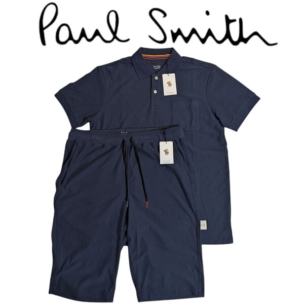 新品 ポールスミス Paul Smith 半袖 ポロシャツ ショートパンツ L アーティストストライプ ラウンジウェア 上下セット ネイビー メンズ 夏
