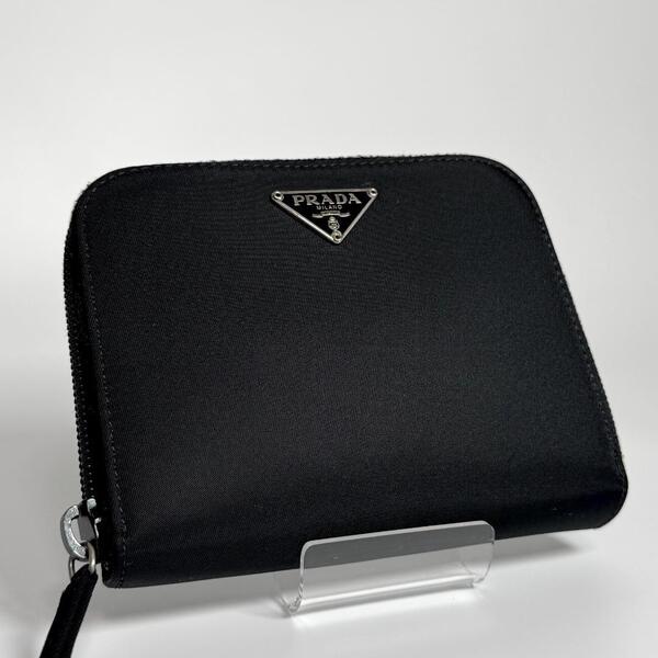 PRADA プラダ 二つ折り 財布 コンパクト ウォレット ナイロン サフィアーノ レザー ブラック 黒 本革 メンズ レディース ユニセックス