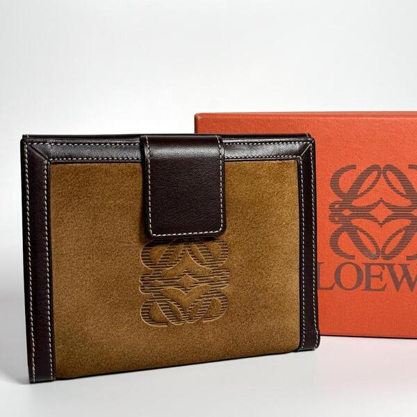 LOEWE Vintage suede Wallet leather レザー コンパクト ウォレット ミニ 財布 ロエベ ヴィンテージ スエード アナグラム 箱付き 革小物
