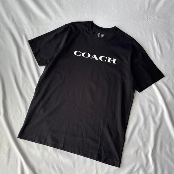 <極美品!!>■COACH コーチ Tシャツ 半袖 コットン100% カジュアル 普段使い ブラック 黒 Lサイズ 管:2506150