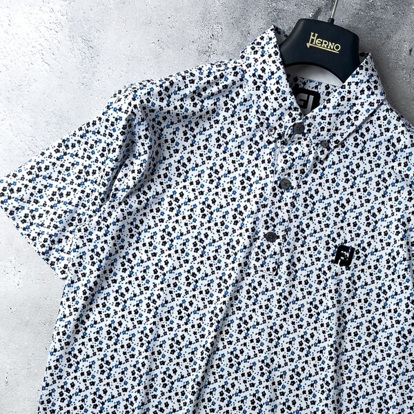 美品 FootJoy フットジョイ FJ 吸汗速乾 ストレッチ 半袖 ポロシャツ トップス メンズ M 白 花柄 総柄 ゴルフウェア 抗菌防臭 UVカット