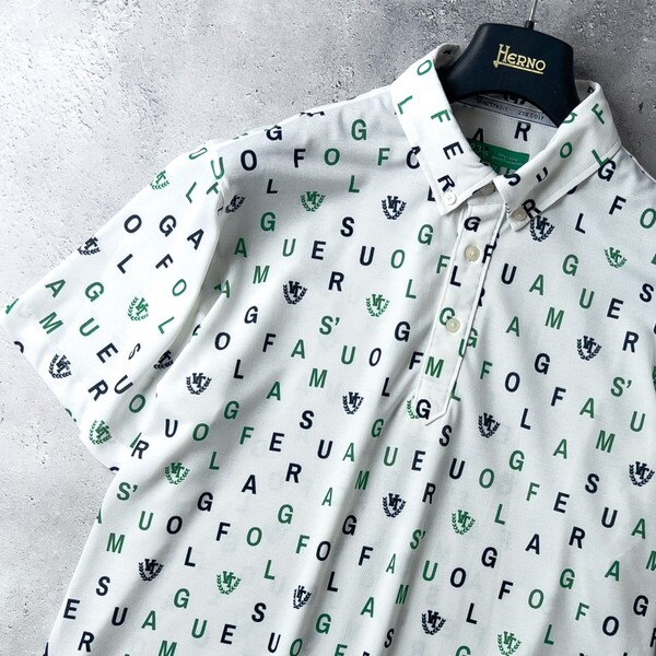 美品 23区 GOLF ニジュウサンク ゴルフ 吸汗速乾 ストレッチ 半袖 ポロシャツ トップス メンズ LL 白 総柄 人気 おしゃれ ゴルフウェア