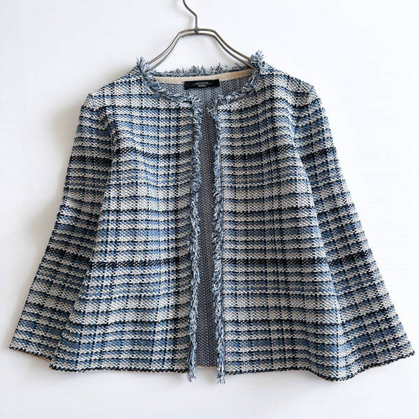 【美品】Weekend MaxMara マックスマーラ ウィークエンド / ツイード フリンジ ノーカラージャケット 青