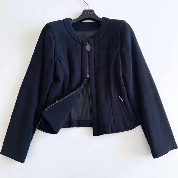 ★ FOXEY NEW YORK フォクシーニューヨーク / 中綿 ノーカラー ジャケット ダークネイビー 40 濃紺 黒 ブラック L