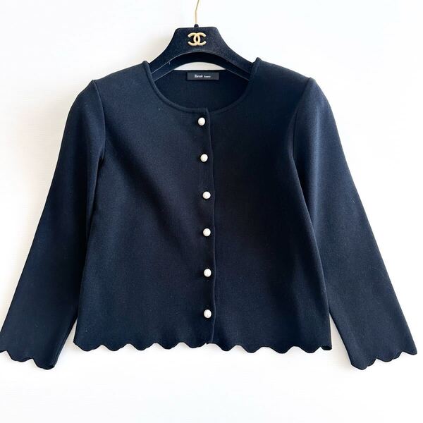★【美品】Rene ルネ / パールボタン スカラップ カーディガン 黒 38 ブラック M 日本製 手洗い可能