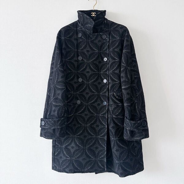 ★MaxMara WEEKEND マックスマーラウィークエンド 総柄ロングコート スタンドカラー ウール混 黒×グレー 38 M
