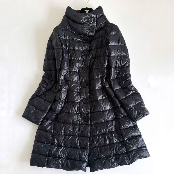★ 【大きいサイズ】HERNO ヘルノ / Aラインダウンコート 黒 44 光沢 ナイロン 立ち襟 ボタンブラック XL