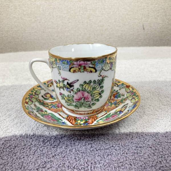 【中国廣彩】カップ&ソーサー 食器 アンティーク 花柄 手書き アフタヌーンティー コーヒー 紅茶 茶器