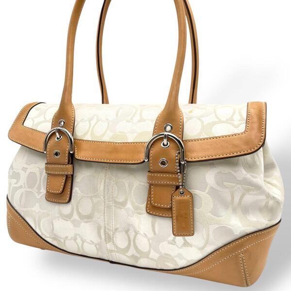 美品 COACH ハンドバッグ キャンバス レザー ホワイト 肩掛け 保存袋付き