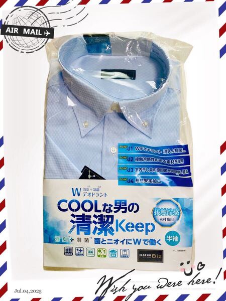 3-33新品しまむら ブルー系 メンズ ワイシャツ半袖 ボタンダウン接触冷感 M しまむら Yシャツ シャツ 形態安定 ノンアイロン