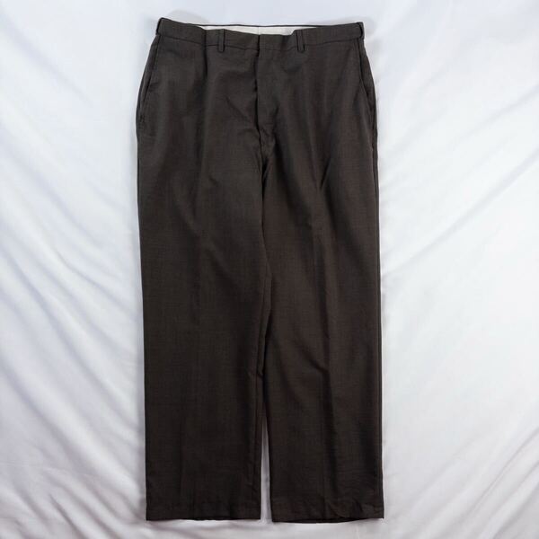 US Vintage メキシコ製 90s HAGGAR ポリ ウール ノータック カスリ フェード ブラウン 茶色 レトロ ワイド ドレス スラックス トラウザーズ