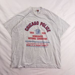 US Vintage アメリカ製 90s FRUIT OF THE LOOM コットン プリント DNC 民主党全国大会 シカゴ警察 シングルステッチ 杢グレー Tシャツ
