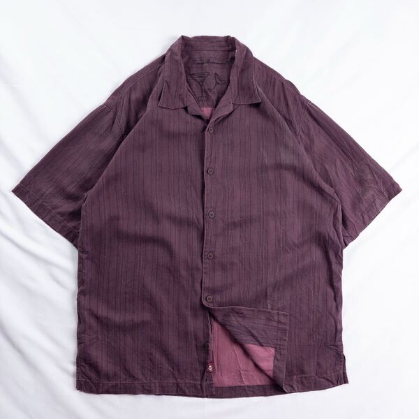 US Vintage 00s Tommy Bahama シルク 開襟 オープンカラー エスニック 民族 フェード アッシュ パープル 紫 総柄 ハワイアン アロハシャツ