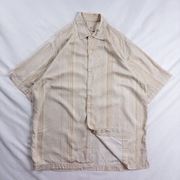 US Vintage 00s Tommy Bahama シルク 立体 光沢 刺繍 パーム ヤシ ハイビスカス ライン 透かし柄 クリーム 総柄 ハワイアン アロハシャツ